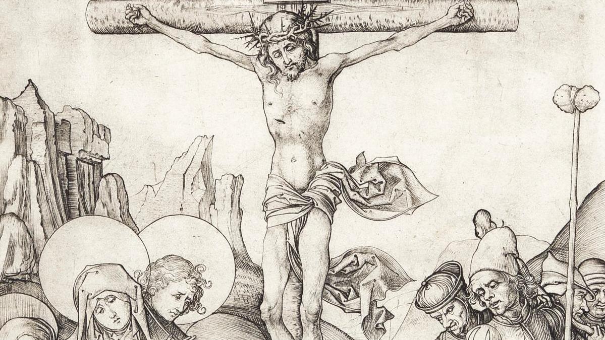 Martin Schongauer (c. 1445/1450-1491), The Crucifixion, c. 1480, print, MS monogram,... A Well-Known Schongauer
