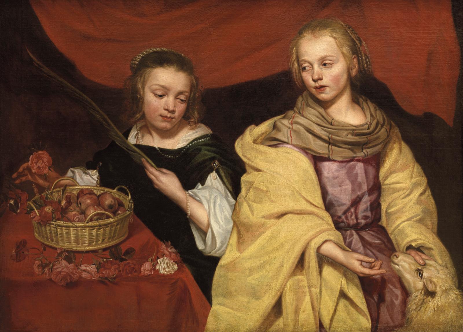Michaelina Wautier (1604-1689), Deux jeunes filles en saintes Agnès et Dorothée, huile sur toile.