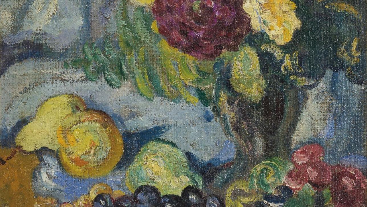 Louis Valtat (1869-1952), Vase de fleurs et fruits, 1912, huile sur toile signée,... Un bouquet de fleurs façon Louis Valtat
