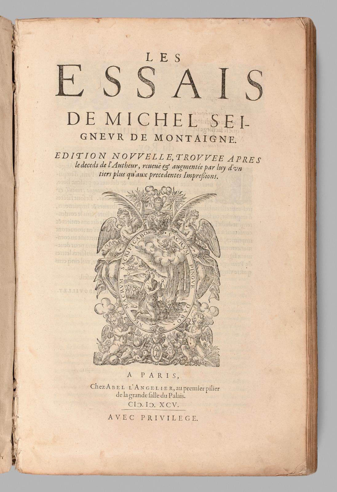 Michel de Montaigne (1533-1592), Les Essais (Paris, 1595), in-folio relié en vélin doré d’époque.Estimation : 60 000/80 000 € 