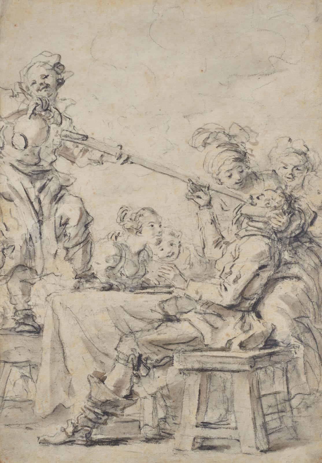 L’aubergiste fait boire Don Quichotte,d’après Don Quichotte, vers 1790-1792, pinceau et lavis d’encre noire et pierre noire sur papier ver