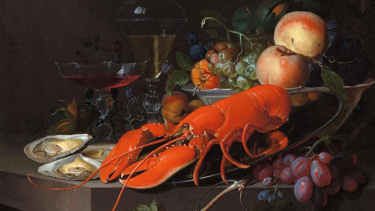 Jacob Van Walscapelle (1644-1727), Stilleben mit Hummer auf einem Zinnteller, Obst... Un « portrait » de homard tiré par Jacob Van Walscapelle