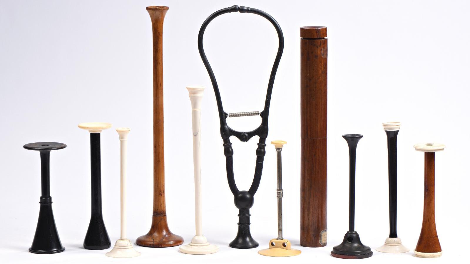 Collection of stethoscopes, including the cedarwood screwed model invented by Laennec... The Art of Medicine
