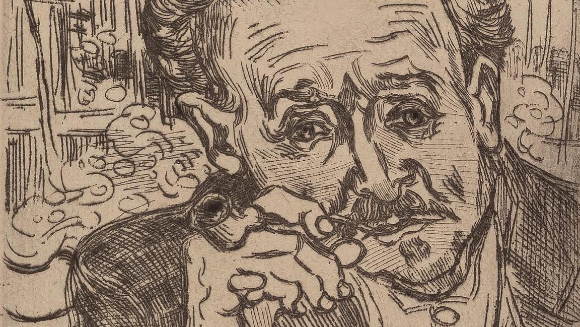 Vincent Van Gogh (1853-1890), L’Homme à la pipe (portrait du docteur Gachet), 1890,... Un dessin sur métal de Van Gogh