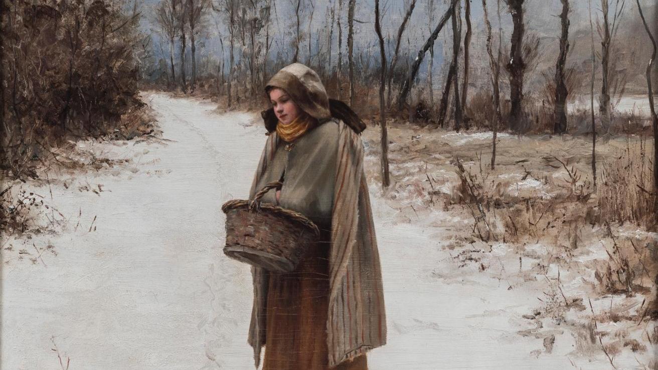 Daniel Ridgway Knight (1839-1924), Jeune femme au panier marchant dans la neige,... La france rurale vue par Daniel Ridgway Knight 