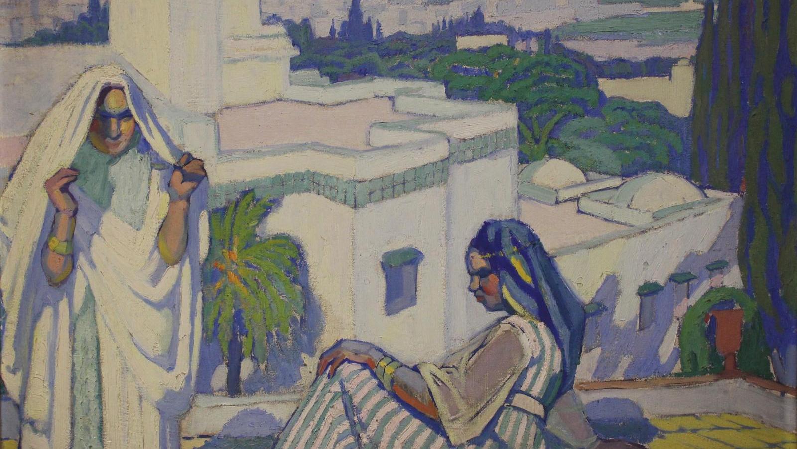 Augustin Ferrando (1880-1957), Terrasse à Alger, huile sur carton signée, 50 x 65 cm.Adjugé :... Le femmes d’Alger d’Augustin Ferrando 