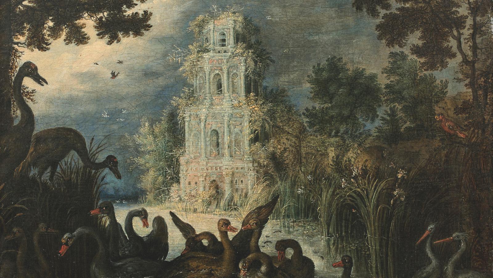 Roelandt Savery (1576-1639), Paradis d’oiseaux avec une tour en ruine, toile, 43,5 x 58 cm.Estimation :... Un fantastique paradis de Roelandt Savery