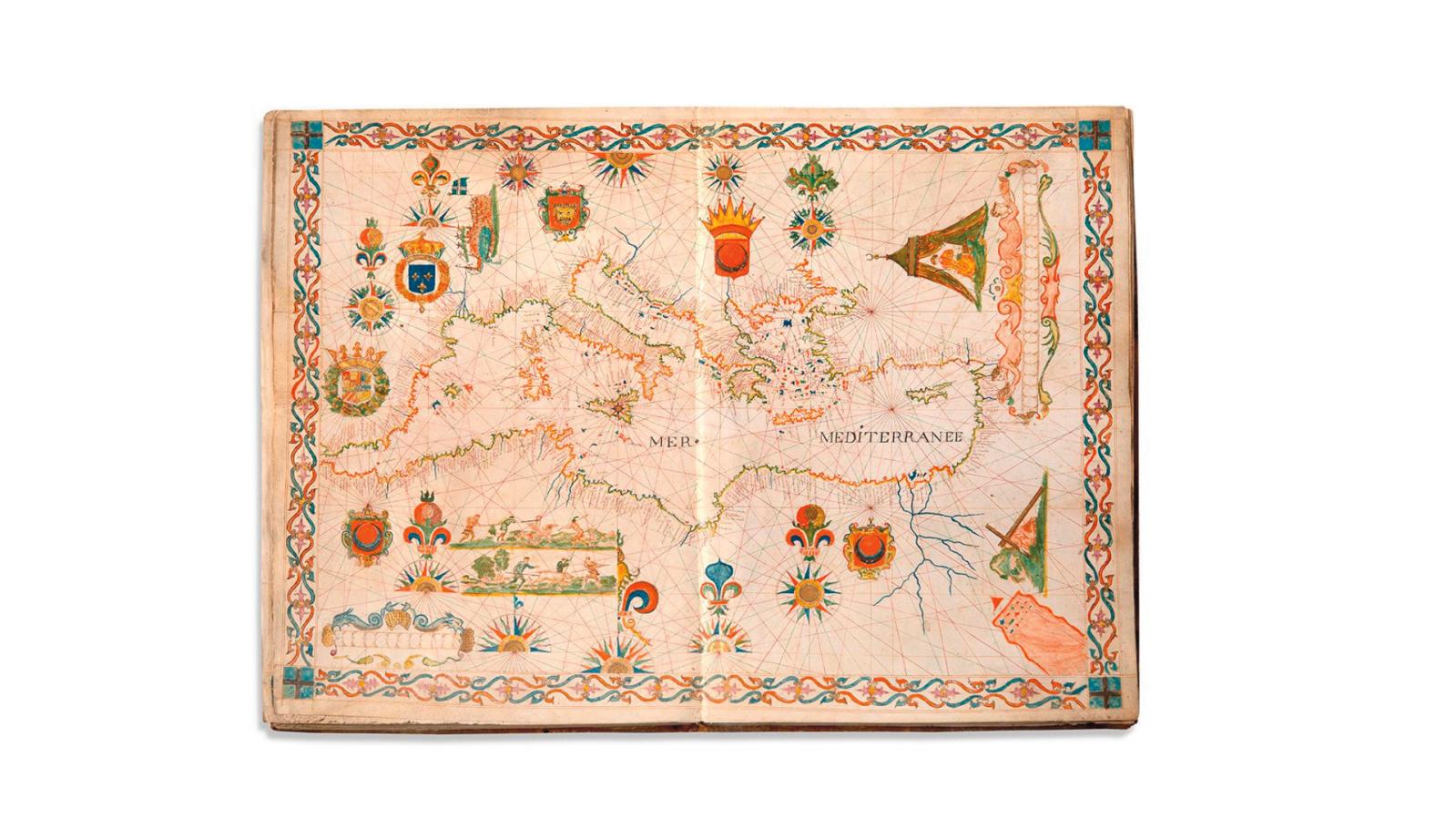 Honoré Boyer (actif au milieu du XVIIe siècle), atlas nautique manuscrit composé de huit cartes doubles dessinées à l’encre carbone, peint
