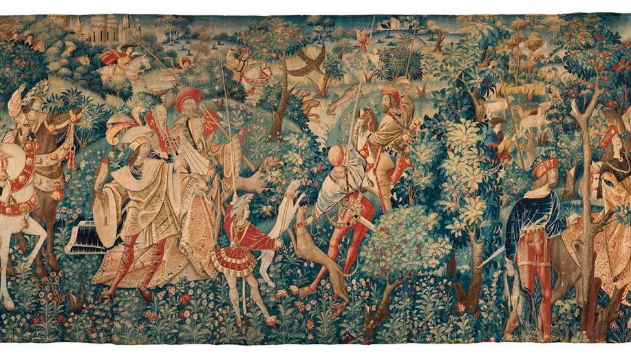 Flanders, Tournai workshops, early 16th century, Imperial hunt and hawking party... A Masterpiece of 16th-Century European Tapestry Production