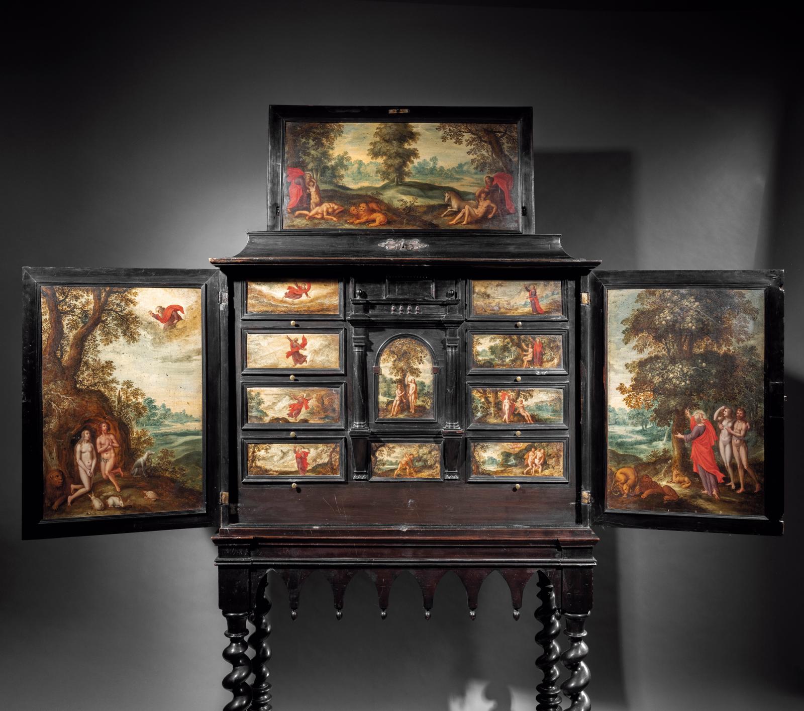 Un cabinet flamand orné de peintures attribuées à Isaac van Oosten