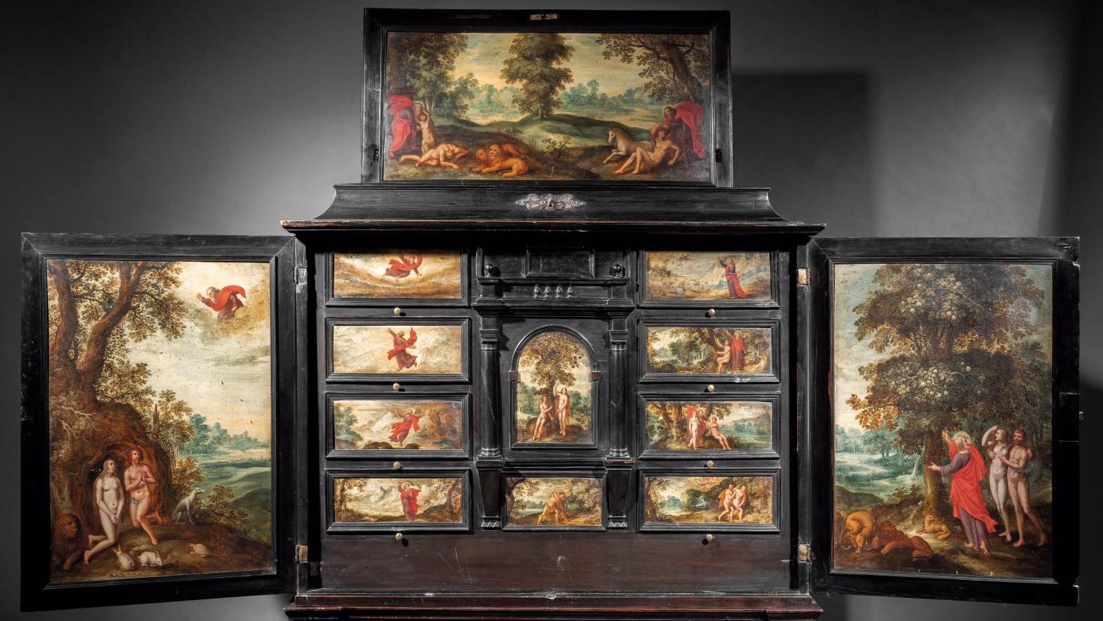 Anvers, milieu du XVIIe siècle, peintures attribuées à Isaac Van Oosten (1613-1661).... Un cabinet flamand orné de peintures attribuées à Isaac van Oosten