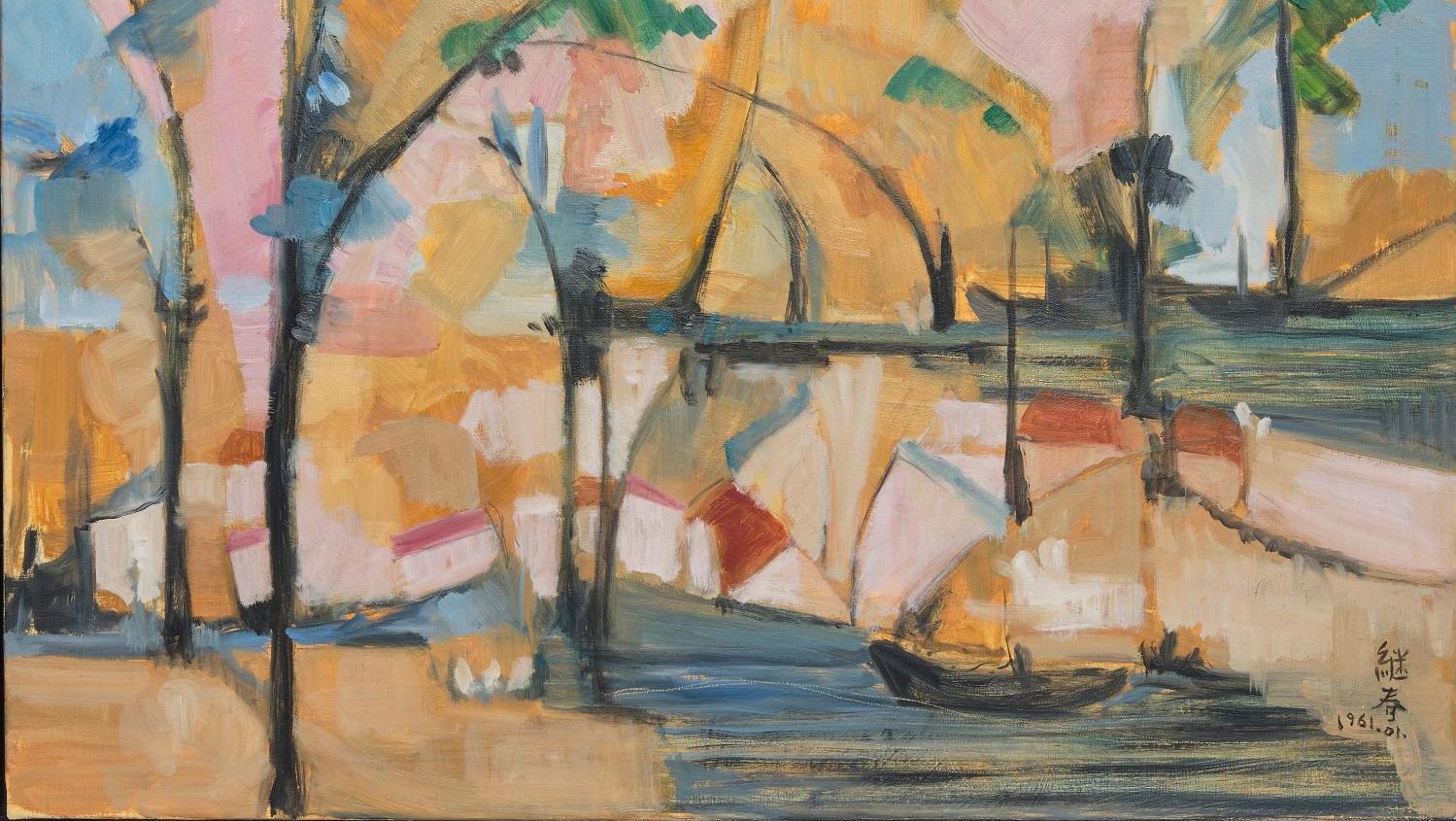 Liao Chi-chun (1902-1976), Paysage près de Taipei, 1961, huile sur toile, signée... Liao Chi-chun, poète de la couleur