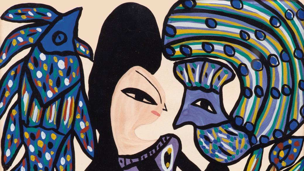 Baya (1931-1998), Dame à l’oiseau vers 1975, gouache sur papier, 50 x 32,5 cm, Paris,... Le jardin merveilleux de Baya à l'IMA