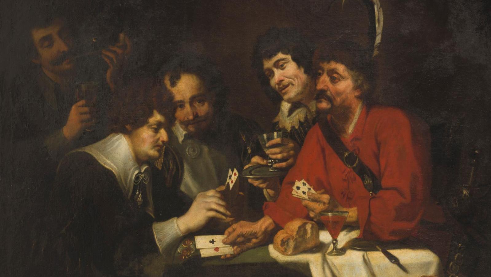 Attribué à Théodore Rombouts (1597-1637),  Joueurs de cartes autour d’une table,... Joueurs de cartes et vases néogrecs