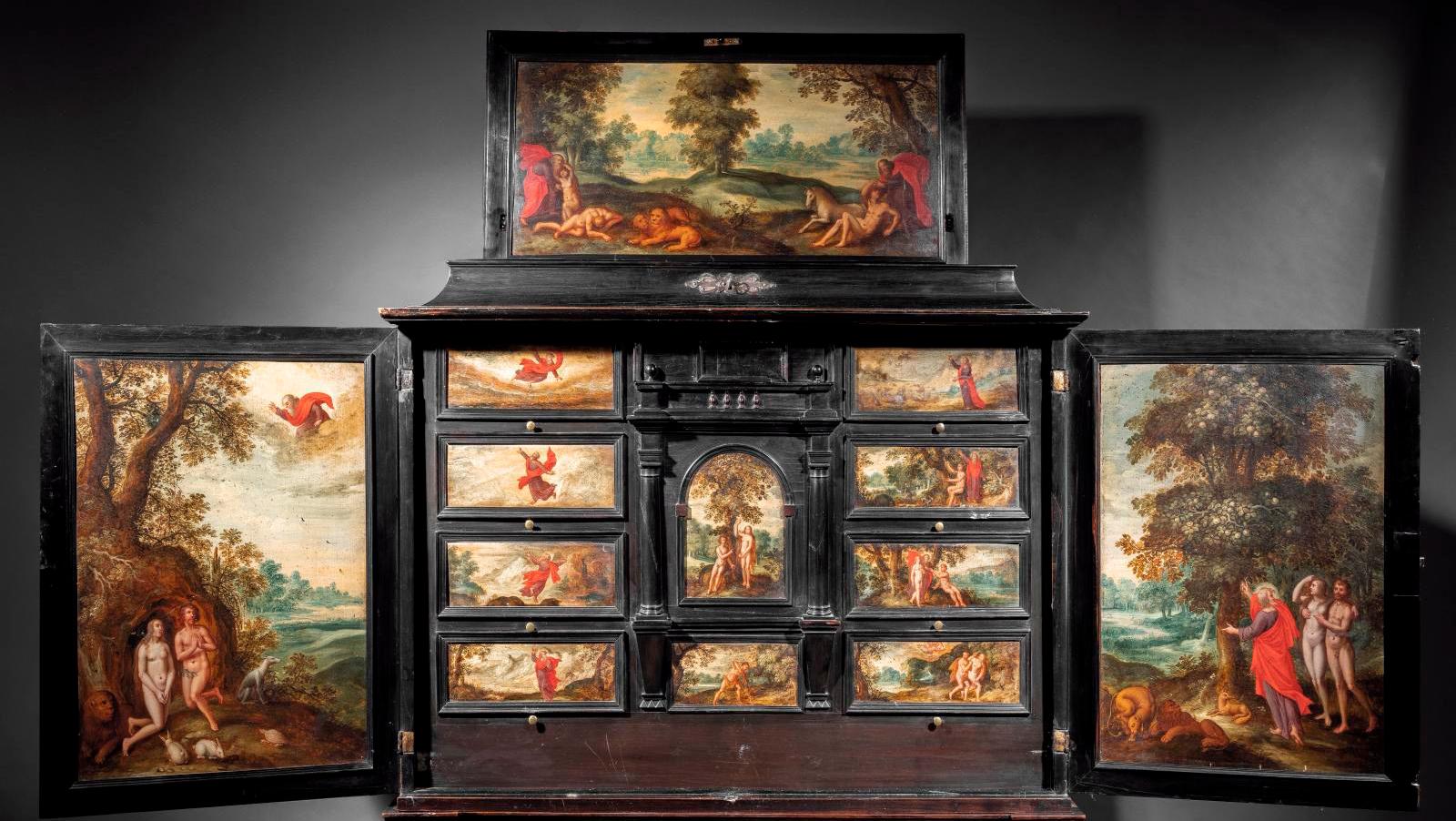 Antwerp, mid-17th century, ebony and blackened wood cabinet with embroidery and paintings... An Ebony Cabinet Featuring Paintings Attributed to Isaac van Oosten