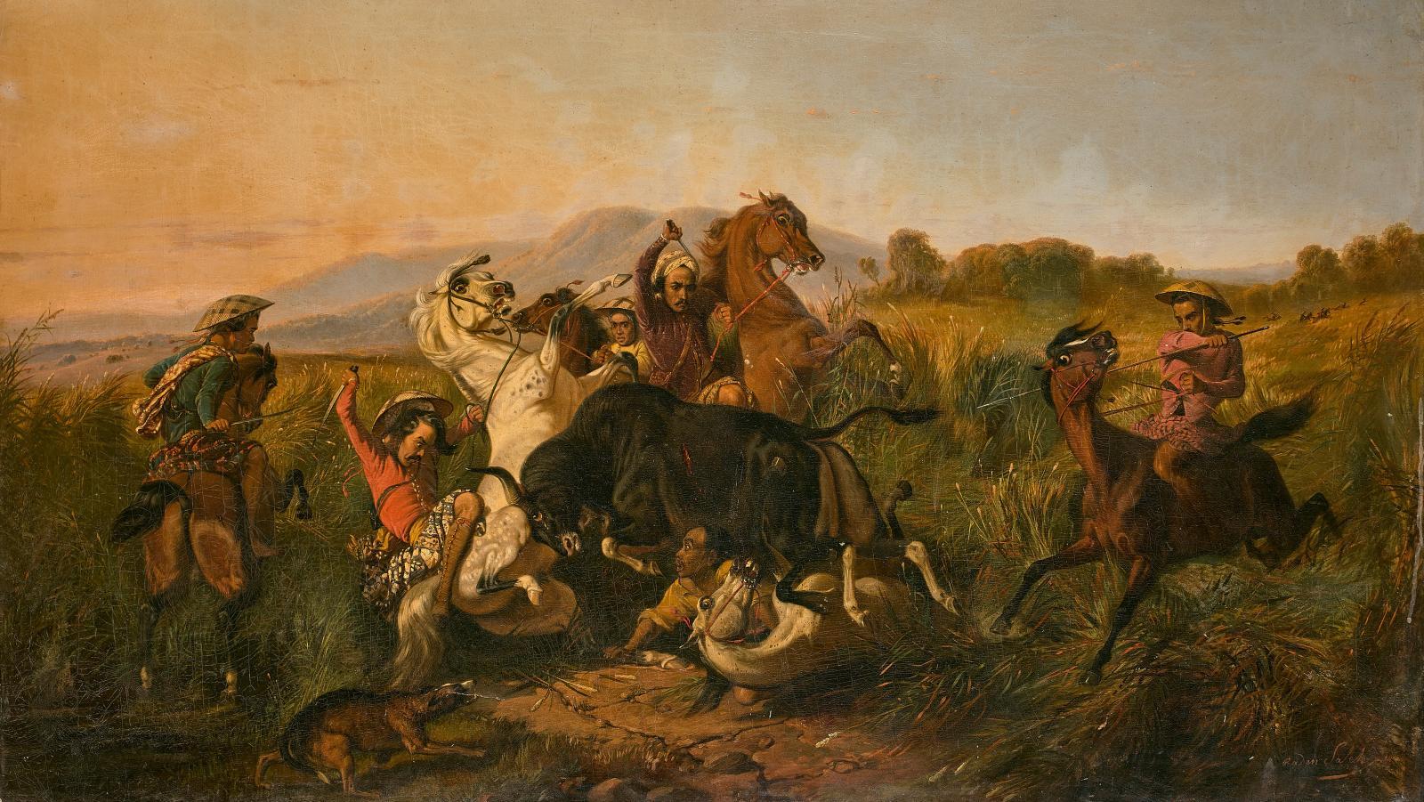 Raden Syarif Saleh (1811 or 1814-1880), "Wild Bull (banteng) Hunt", 1855, oil on... Raden Saleh: A Francophile Indonesian