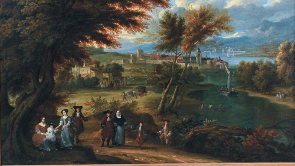 Adriaen Frans Boudewyns (1644-1711), Promenade familiale dans un paysage lacustre,... Synthèse entre les Flandres et l’Italie