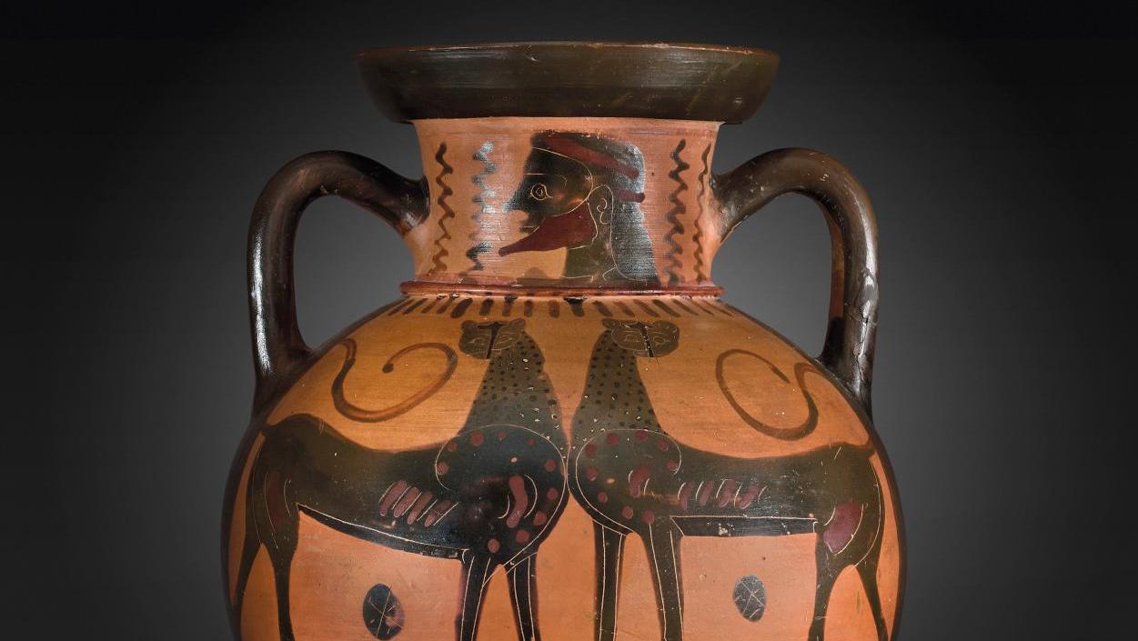 Art grec, Attique, peintre du Louvre F6, vers 540-530 av. J.-C. Amphore à col à figures... Figures noires, figures rouges