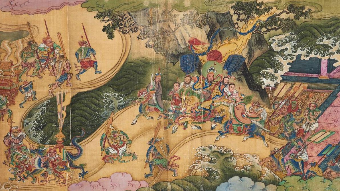 Chine, XVIIe siècle. Rouleau horizontal Wu Yue Si Du Shiji (« Légendes des cinq montagnes... Les laques de la Chine impériale
