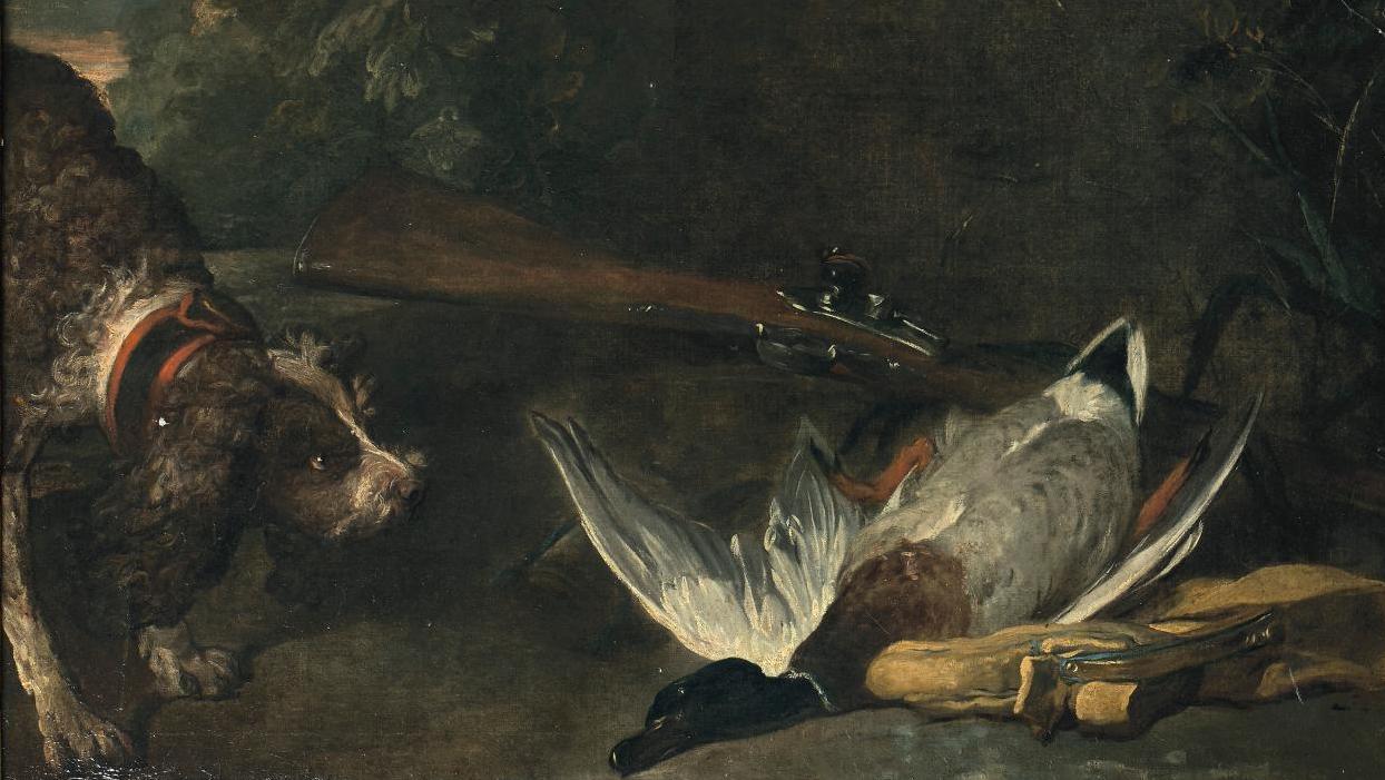 Jean Baptiste Siméon Chardin (1699-1779), Chien barbet devant un colvert, huile sur... Scène de chasse par Chardin