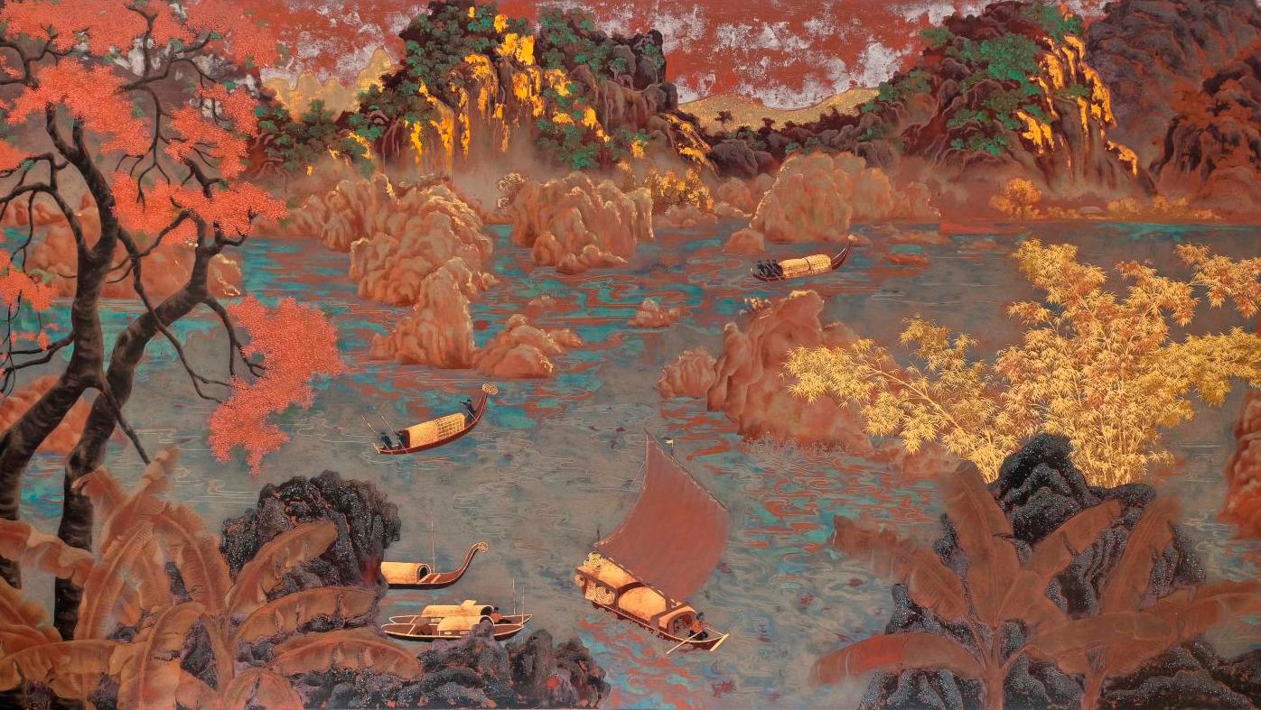 Pham Hau (1903-1995) Halong Bay, polychrome lacquer and applied gold, signature in... Spotlight on Asian Art with Pham Hau 