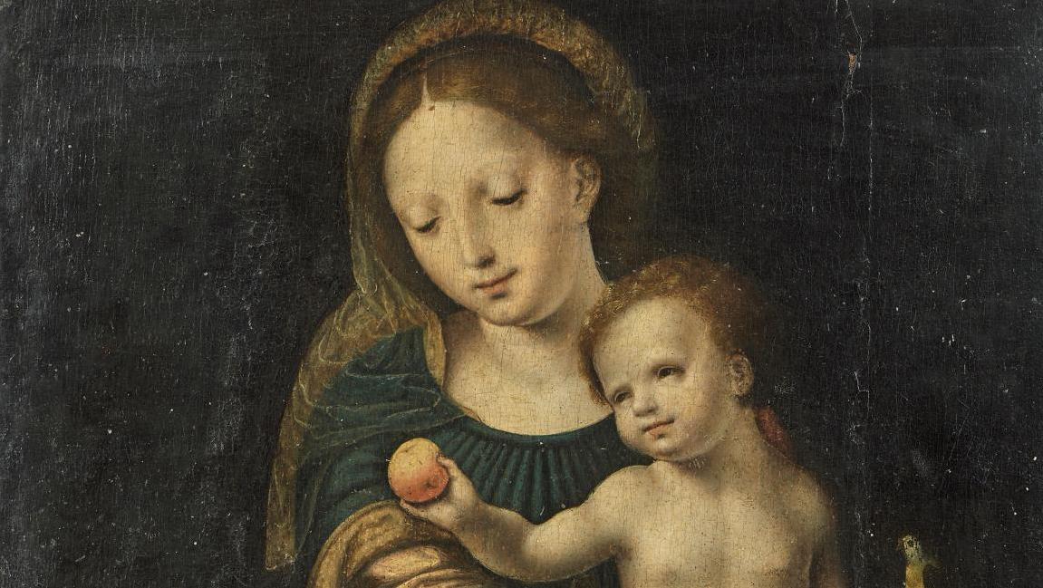 Cornelis Bazelaere (documenté à Anvers en 1523), dit le Maître au perroquet, Vierge... Des pommes, des poires et… un perroquet