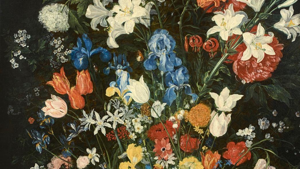 Jan Bruegel le Jeune (1601-1678), Grand bouquet de fleurs dans un vase de majolique... Des fleurs et des saints