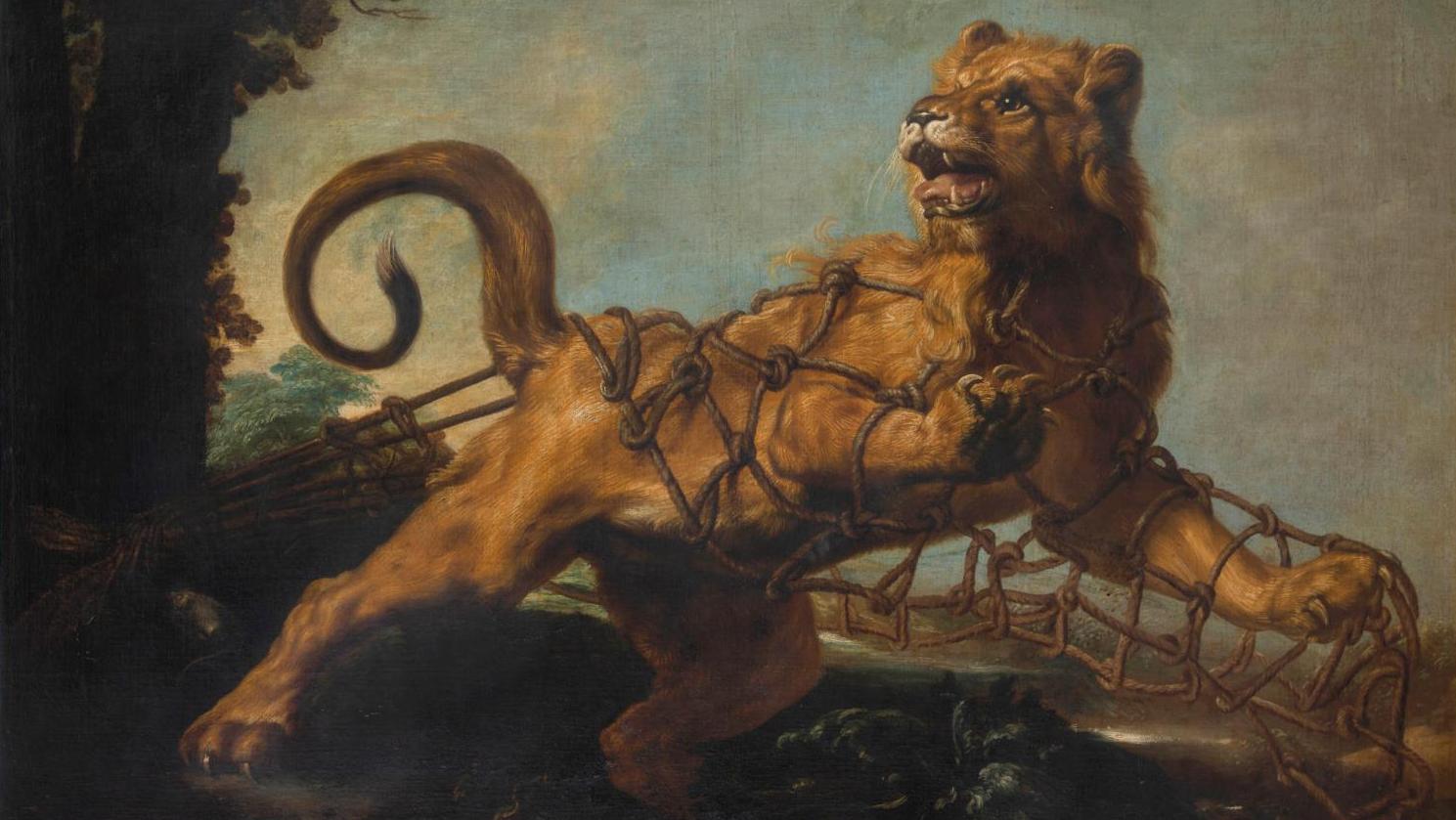 Attribué à Frans Snyders (1579-1657) et atelier, Fábula del león y el ratón (La Fable... Le Lion et le Rat vu par Frans Snyders