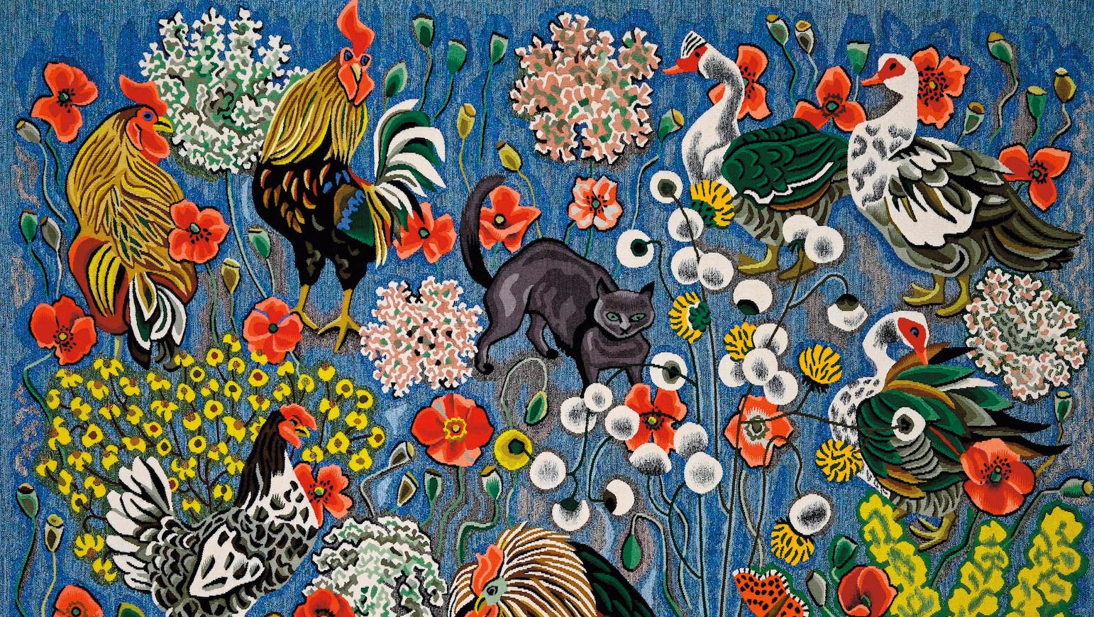 Dom Robert (1907-1997), atelier Suzanne Goubely, La Cour du chat, tapisserie d’Aubusson... Tiercé : Dom Robert, Survage ou Soulages