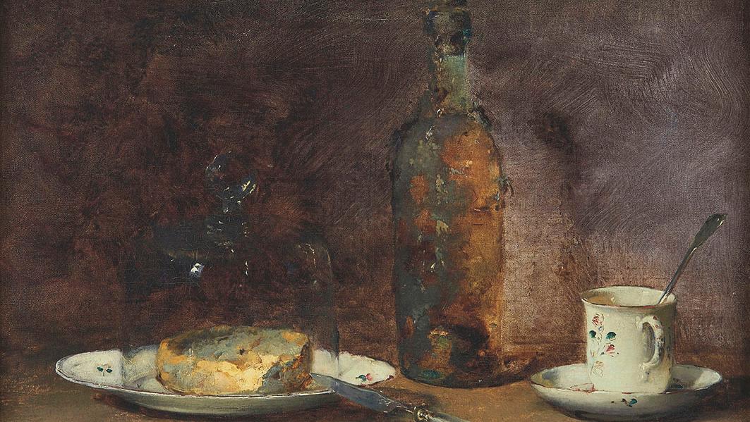 Guillaume Fouace (1827-1895), Nature morte à l’assiette de fromage, déjeuner et bouteilles,... Une mèche de Napoléon, une peinture de Fouace