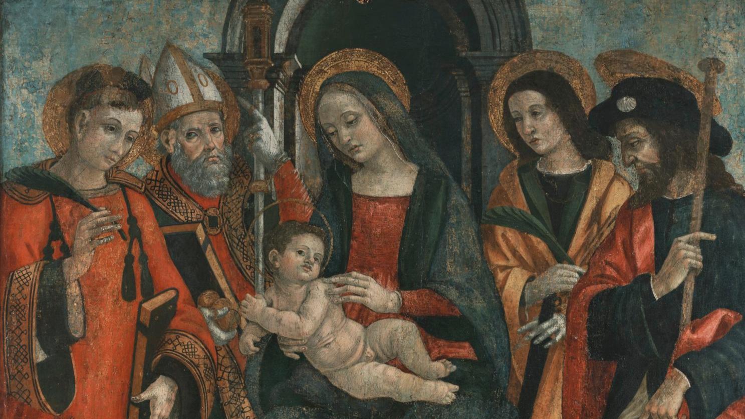 Attribué à Francesco Botticini (1446-1498), Sainte Conversation : la Vierge à l’Enfant... La Vierge et l’Enfant en sainte compagnie