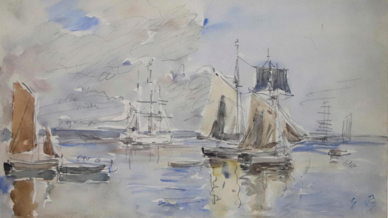 Eugène Boudin (1824-1898), Étude de voiliers, aquarelle sur traits de crayon, avec... Eugène Boudin et les horizons marins