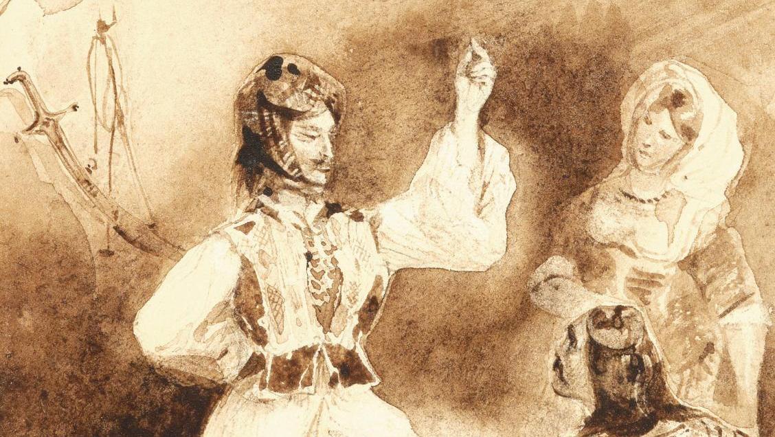 Eugène Delacroix (1798-1863), Musicien et danseur grecs, plume, encre brune et lavis... Eugène Delacroix et la Grèce