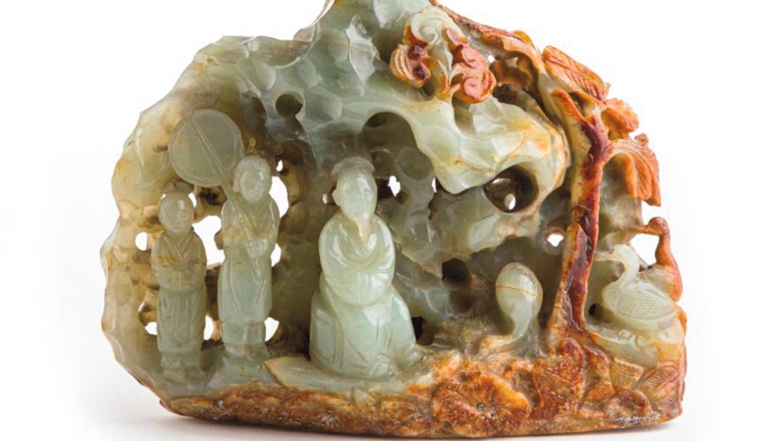 Chine, dynastie Qing, XVIIIe-XIXe siècle. Rocher de lettré en jade céladon à veines... Pierre de lettré de la dynastie Qing