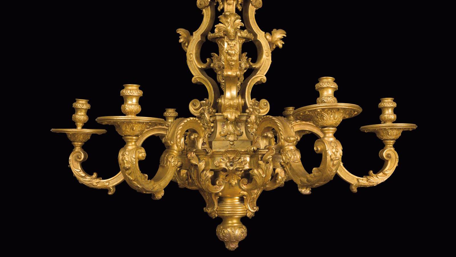 Gilt bronze chandelier with six lights and asymmetrical decoration of foliage, clasps... The Age of Enlightenment Illuminated by a Boulle Chandelier 