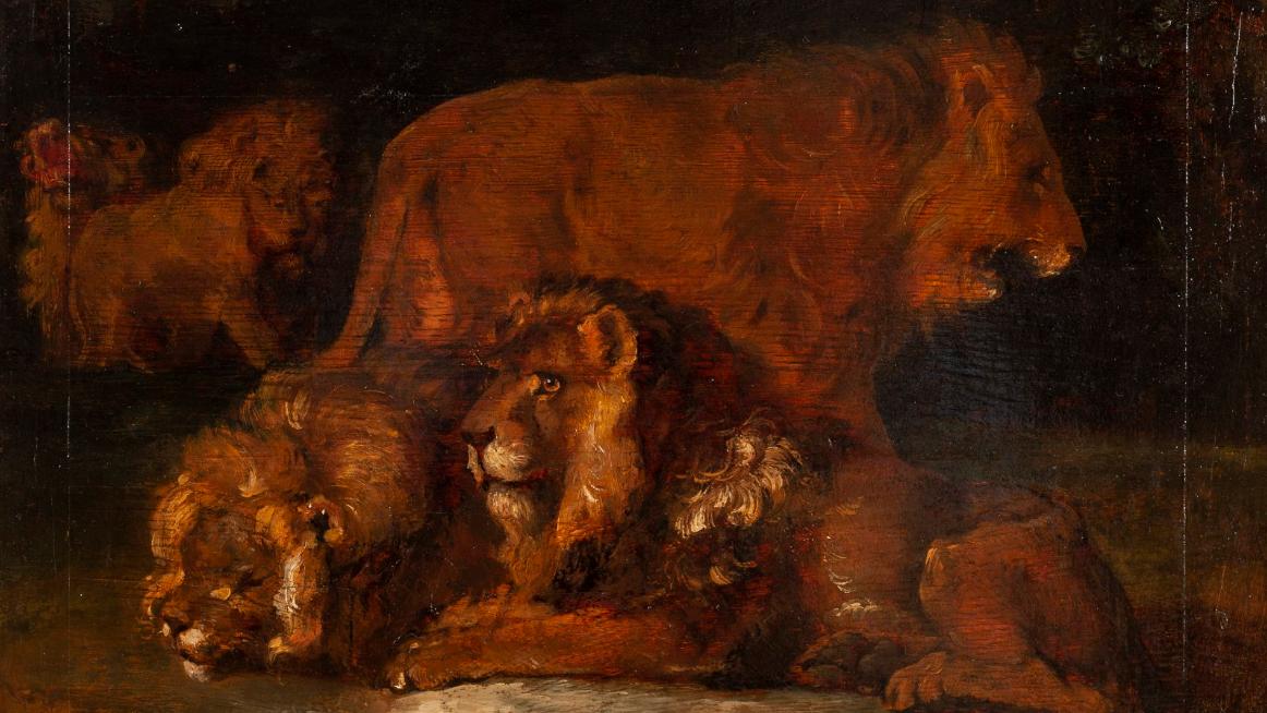 108 800 € Théodore Géricault, Groupe de lions, huile sur panneau, 48 x 58 cm.Drouot,... Cote : Géricault en star des enchères