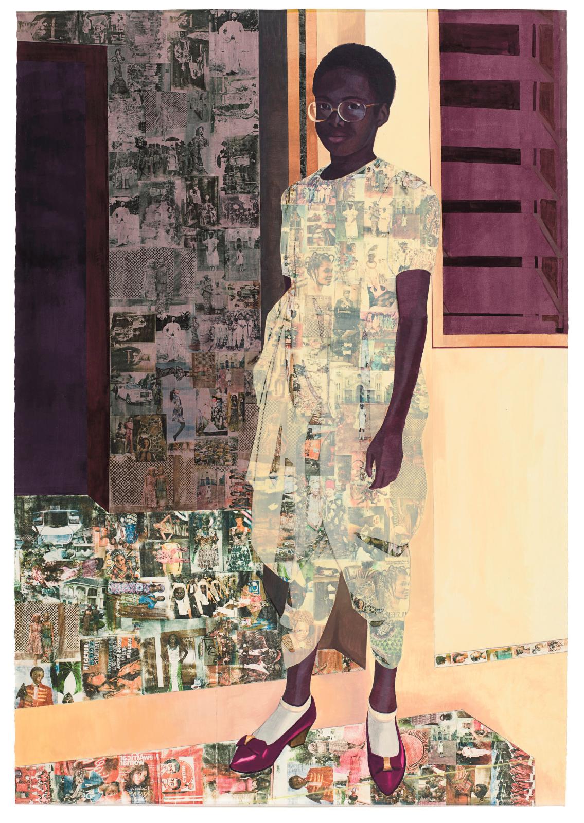 Njideka Akunyili Crosby (né en 1982), The Beautyful Ones, technique mixte, 243 x 170 cm. @ Christie’s Limited Images 2022