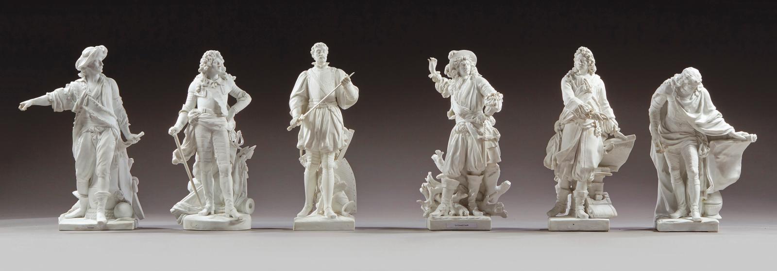 Manufacture de Sèvres, époques Empire pour cinq statuettes et Louis-Philippe pour l’une. Six figures des «Français illustres» en biscuit d