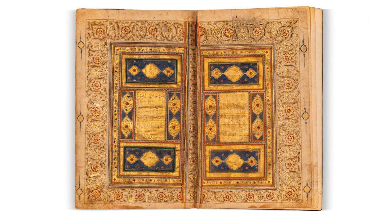 Inde, Lucknow, XVIIIe siècle. Manuscrit en arabe de 31 feuillets, calligraphié en... Des corans d’or indiens, ottomans et indonésiens