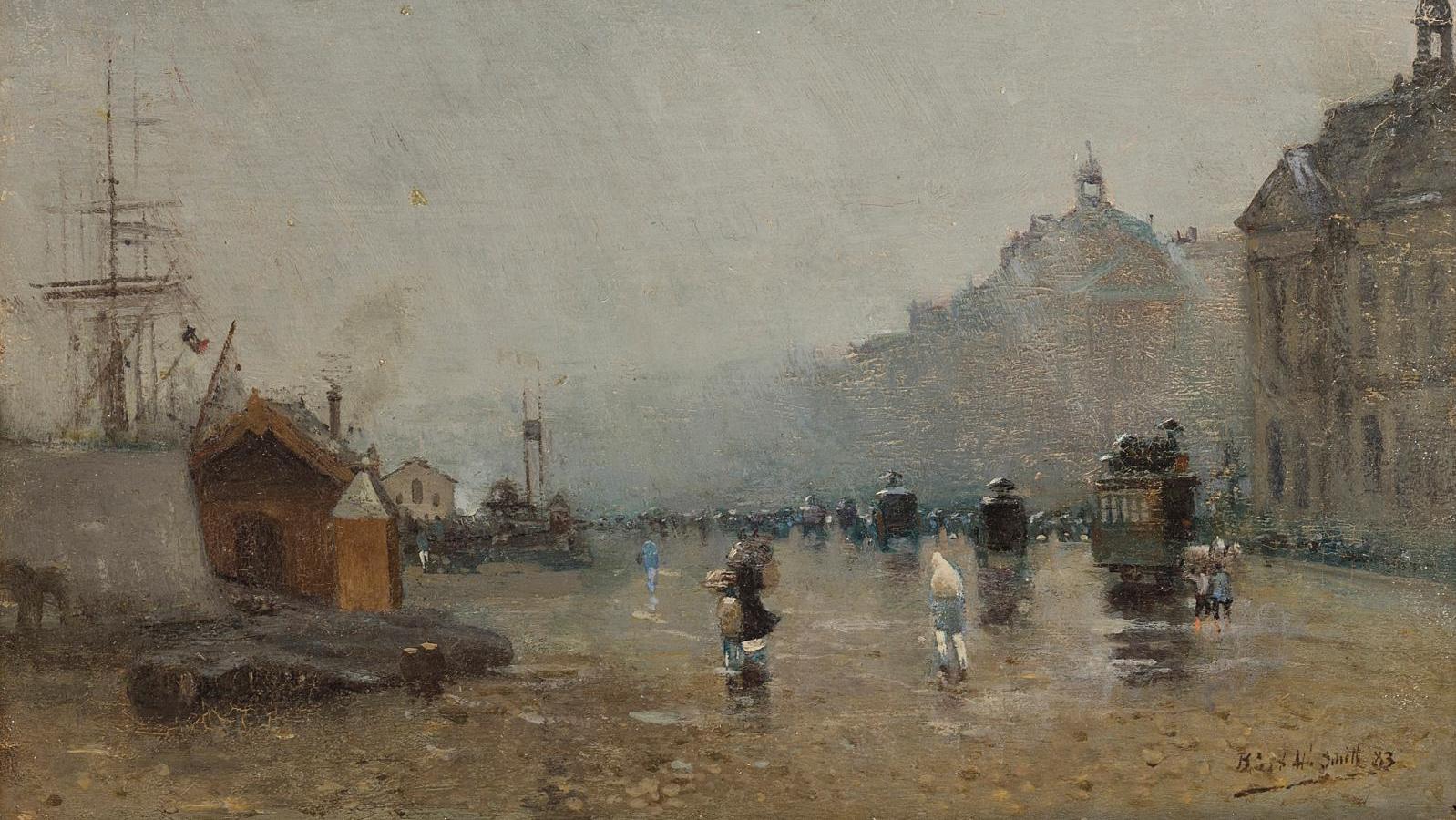 Alfred Smith (1854-1936), Le Quai de la Bourse, dans la brume, 1883, huile sur panneau... Un Bordeaux évanescent par Alfred Smith