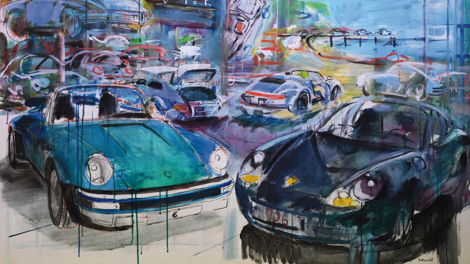 Daniel Authouart (né en 1943), Porsche 911, juin 1999, huile sur toile, 112 x 142 cm.... Le pop art à la mode normande