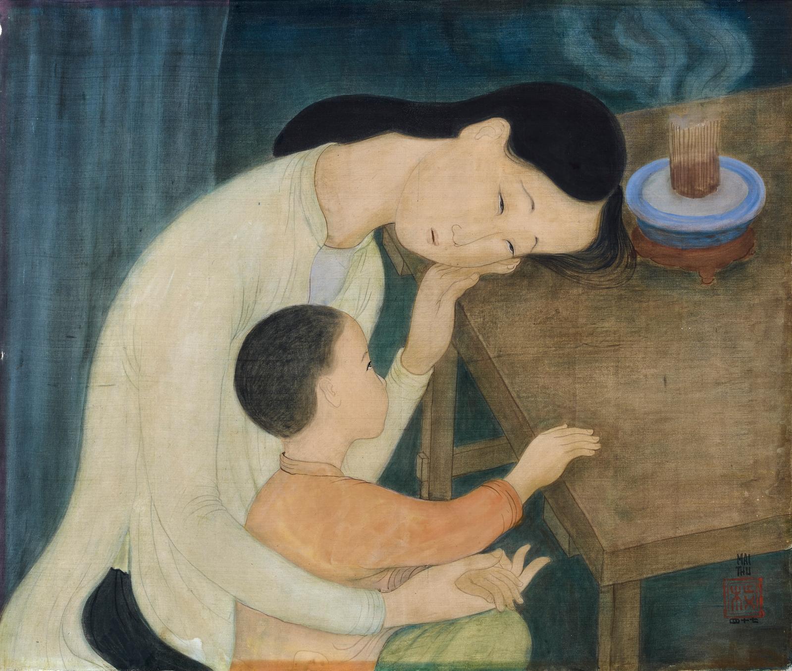 Mai Trung Thu (1906-1980), Devant l’autel, encre et couleurs sur soie, 46 x 54,5 cm (détail). Adjugé : 63 750 €