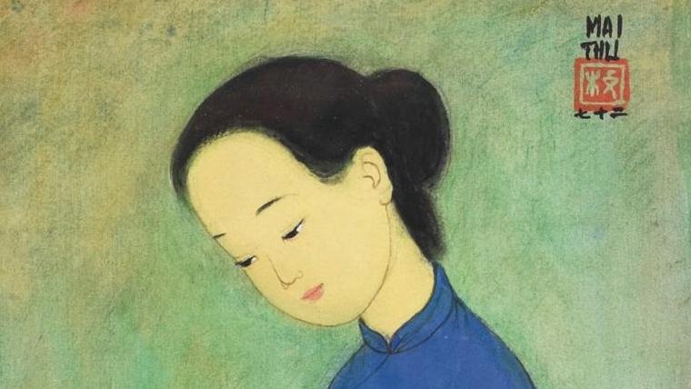 Mai-Thu (1906-1980), Mère et enfant, consolation, 1972, encre et couleurs sur soie,... Mai-Thu ou les émotions à fleur de peau