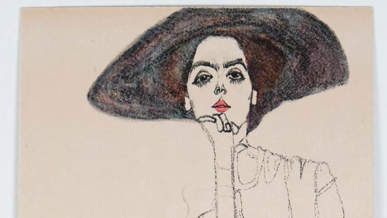 Egon Schiele (1890-1918), Femme au chapeau noir, 1910, carte lithographique n° 290... Egon Schiele, plus sage en carte postale…