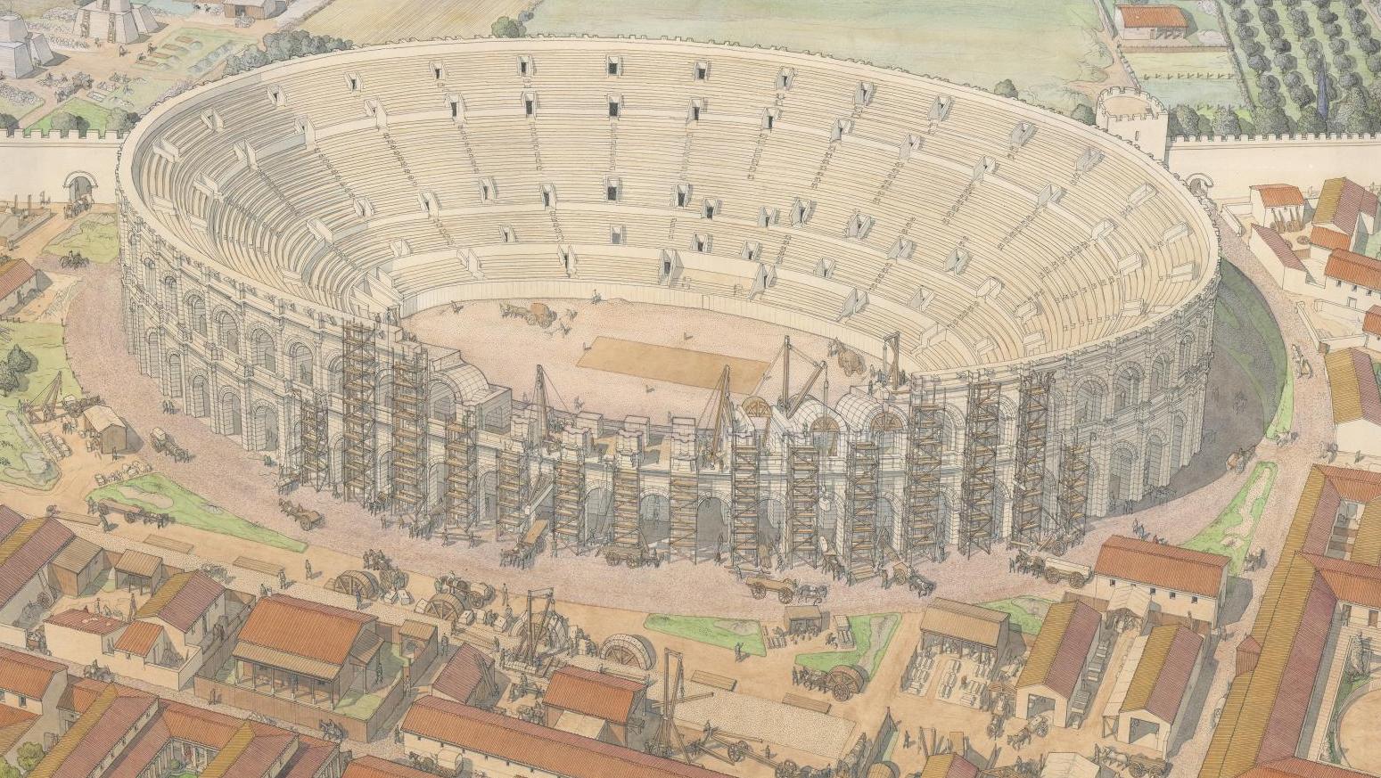 Jean-Claude Golvin (né en 1942), Grande vue de l’amphithéâtre en chantier, 2022,... Le musée de la Romanité à la découverte de la Nîmes antique