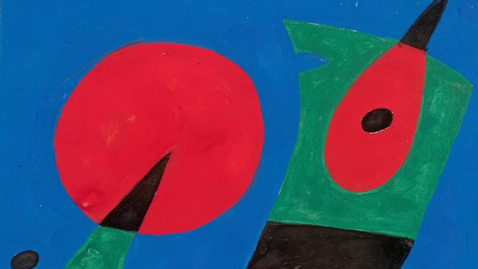 Joan Miró (1893-1983), L’Oiseau bleu, 1974, gouache et encre de Chine sur feuille... Le timbre aux avant-postes
