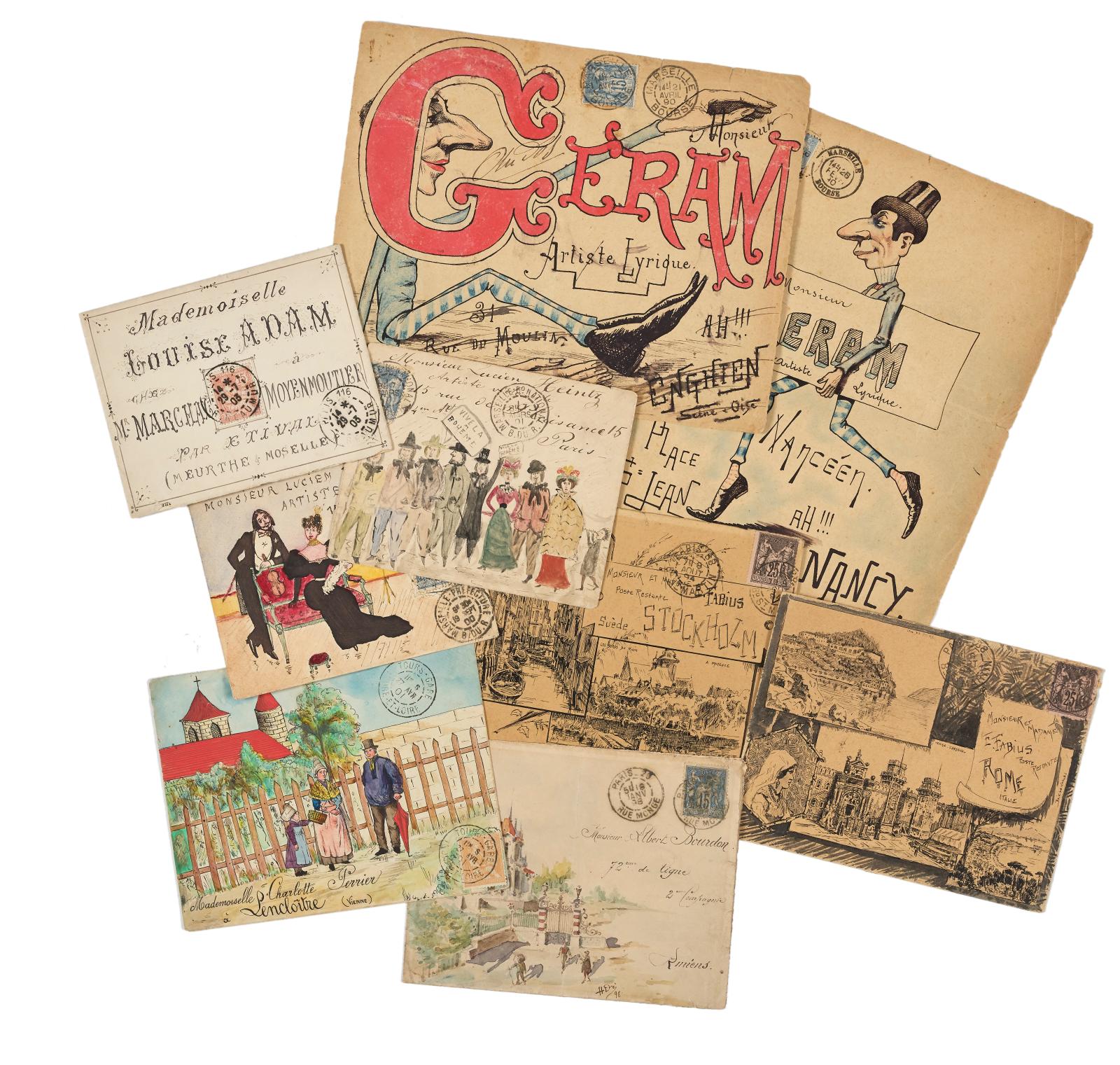 Ensemble de 79 lettres et enveloppes peintes et illustrées de 1875 à 1905, affranchies de timbres-poste. Neuilly, 5 avril 2022. OVA Agutte