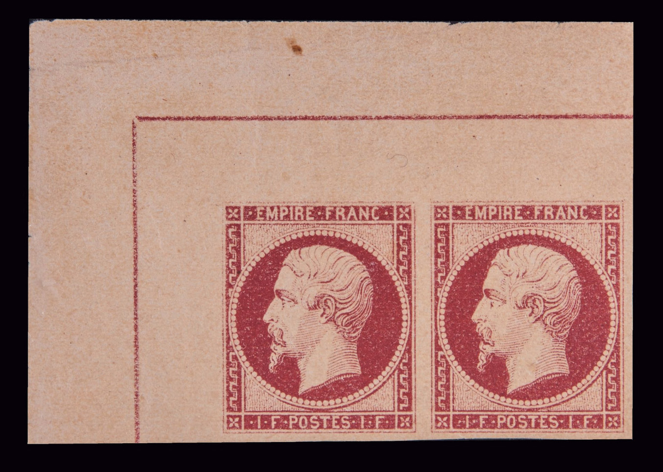 1 franc carmin de 1853, paire de timbres représentant Napoléon III de profil, portant la légende «Empire franc», Hôtel Drouot, 21 mai 2021
