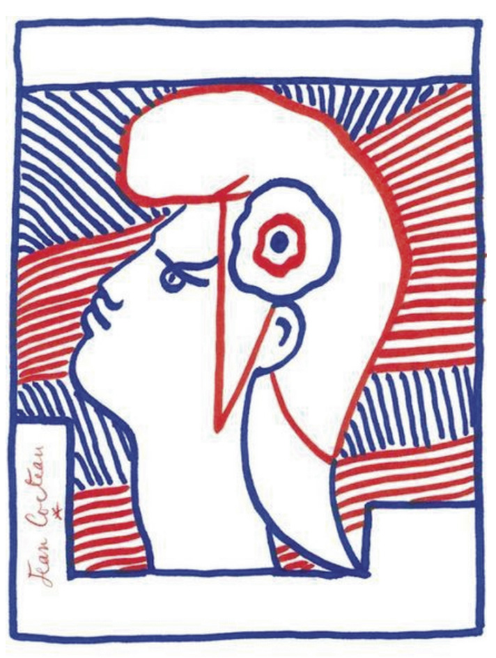 Jean Cocteau (1889-1963), Marianne, 1960, dessin aux feutres rouge et bleu, projet pour le timbre-poste du même nom.Hôtel Drouot, 27 juin 