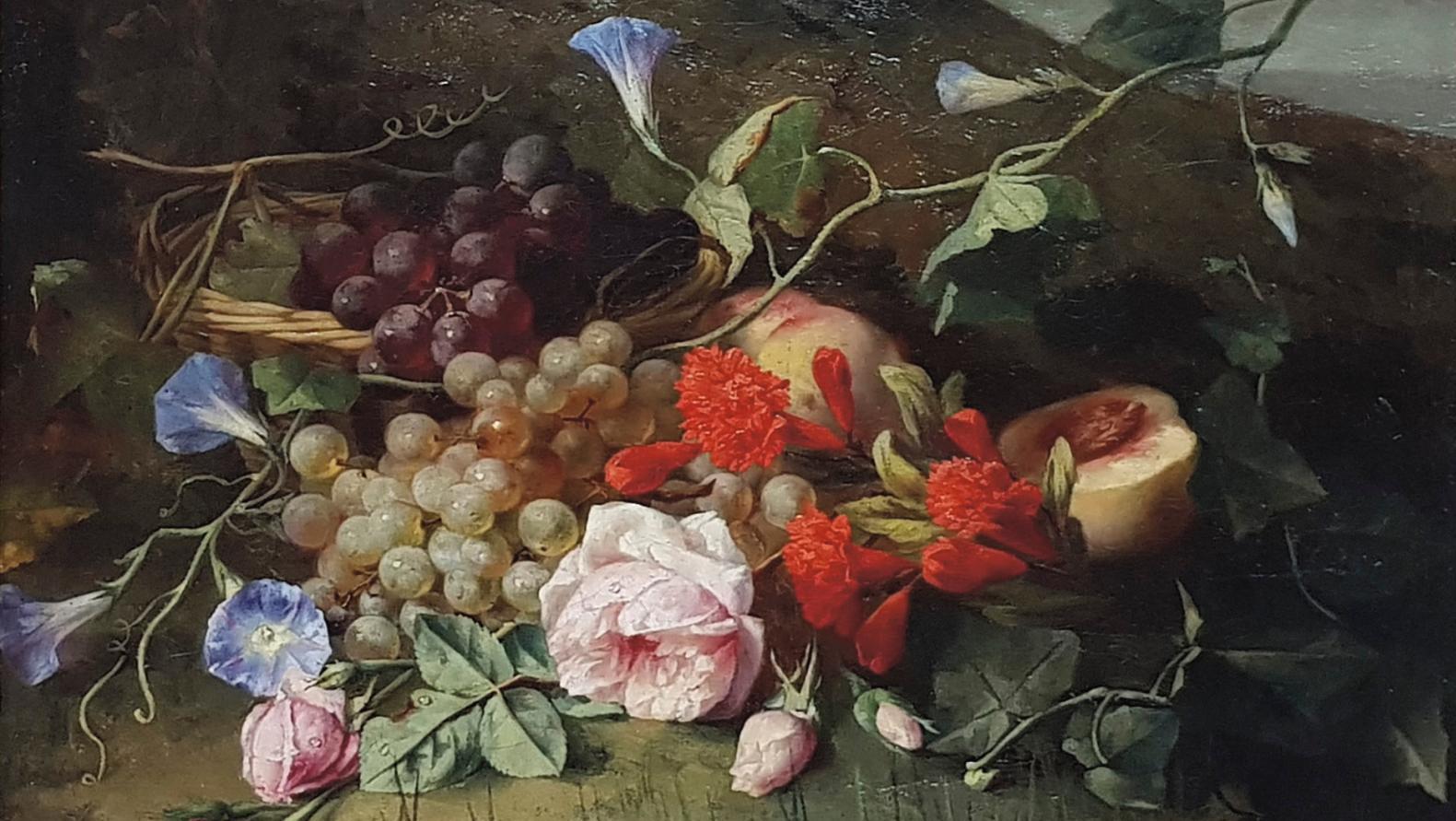 Margaretha Roosenboom (1843-1896), Nature morte aux pêches et à la rose, huile sur...  Une nature morte aux pêches signée Roosenboom 